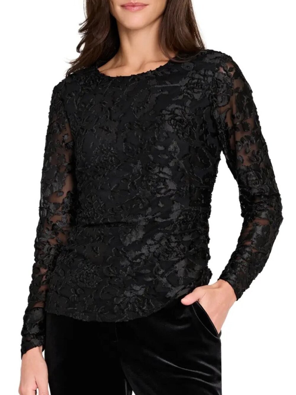 NWT New Tahari ASL Burnout Long Sleeve Black Top Size L